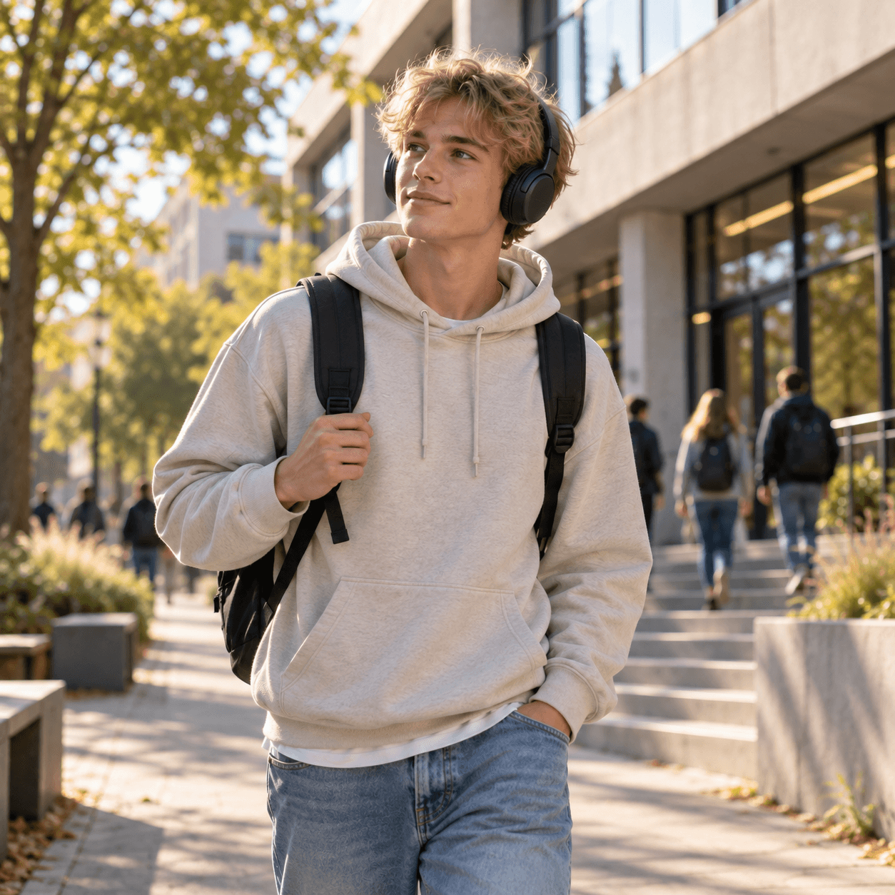 Student cestou do školy se sluchátky